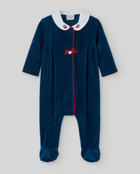 Navy Velour Embroidered Cherry Babygrow