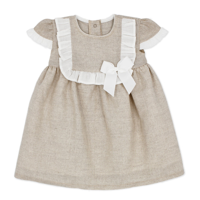 Beige Linen Dress With Bow Detail