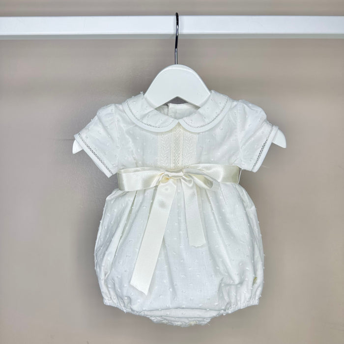 Ivory Plumeti Cotton Romper With Bow