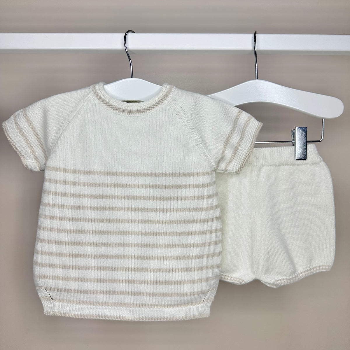 Ivory & Beige Striped Shorts Set