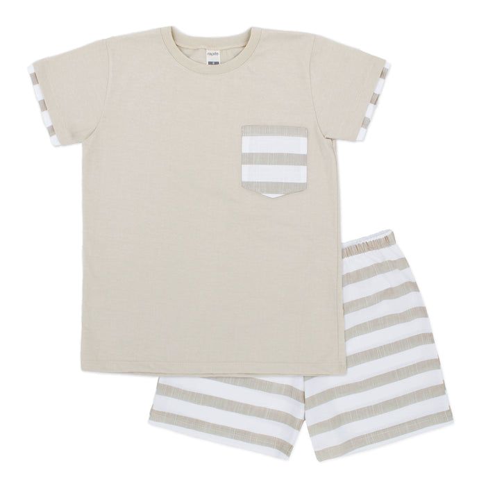 Beige Striped Shorts Set