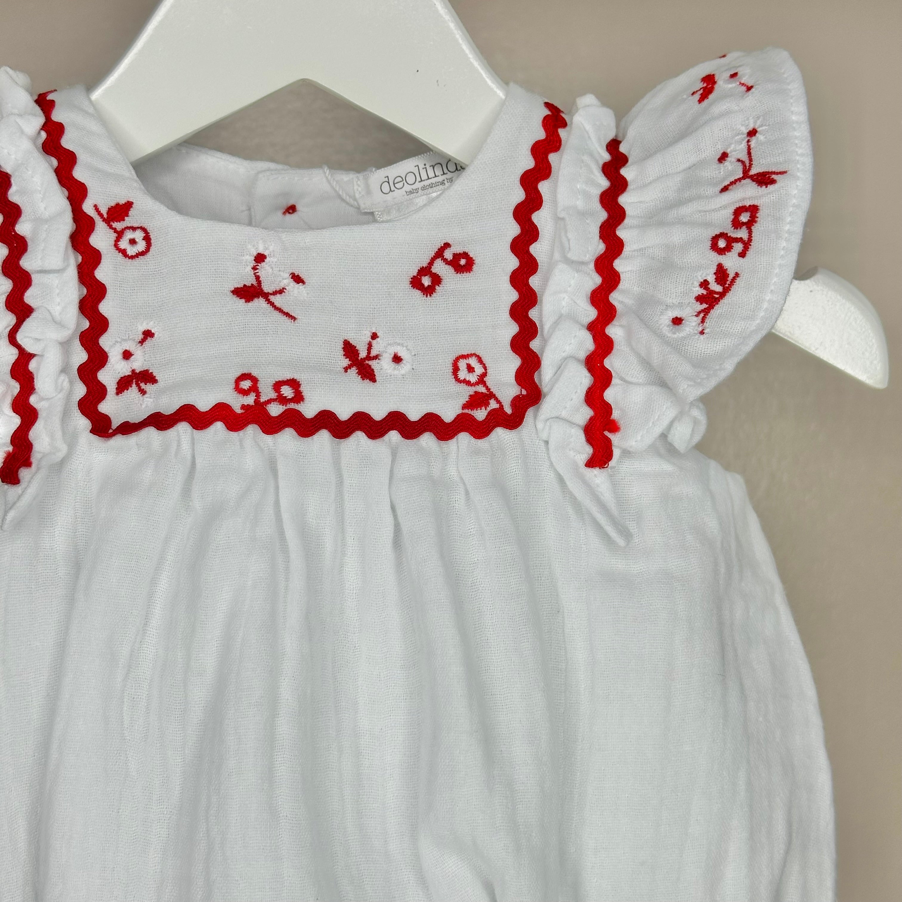 White Cheesecloth Romper With Red Detailing