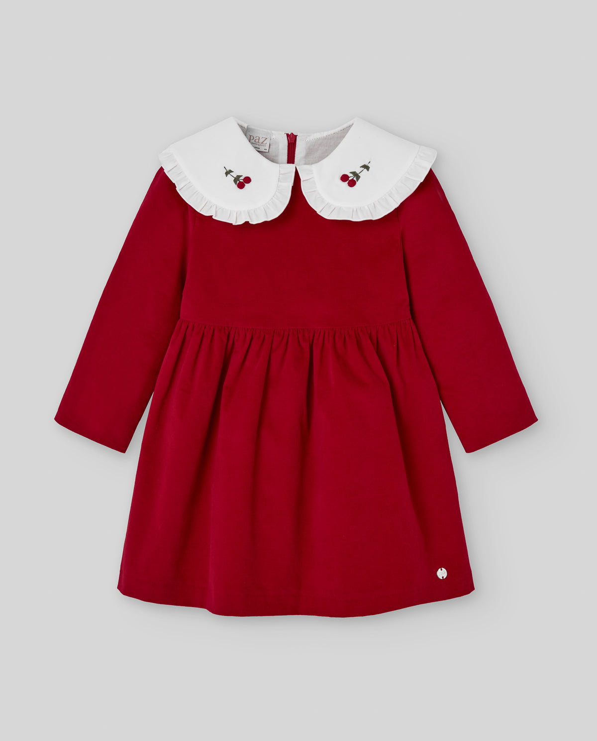 Red Velvet Dress with Embroidered Cherry Collar