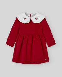 Red Velvet Dress with Embroidered Cherry Collar