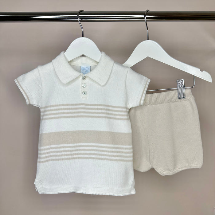 Beige & Cream Stripe Polo Knit Set