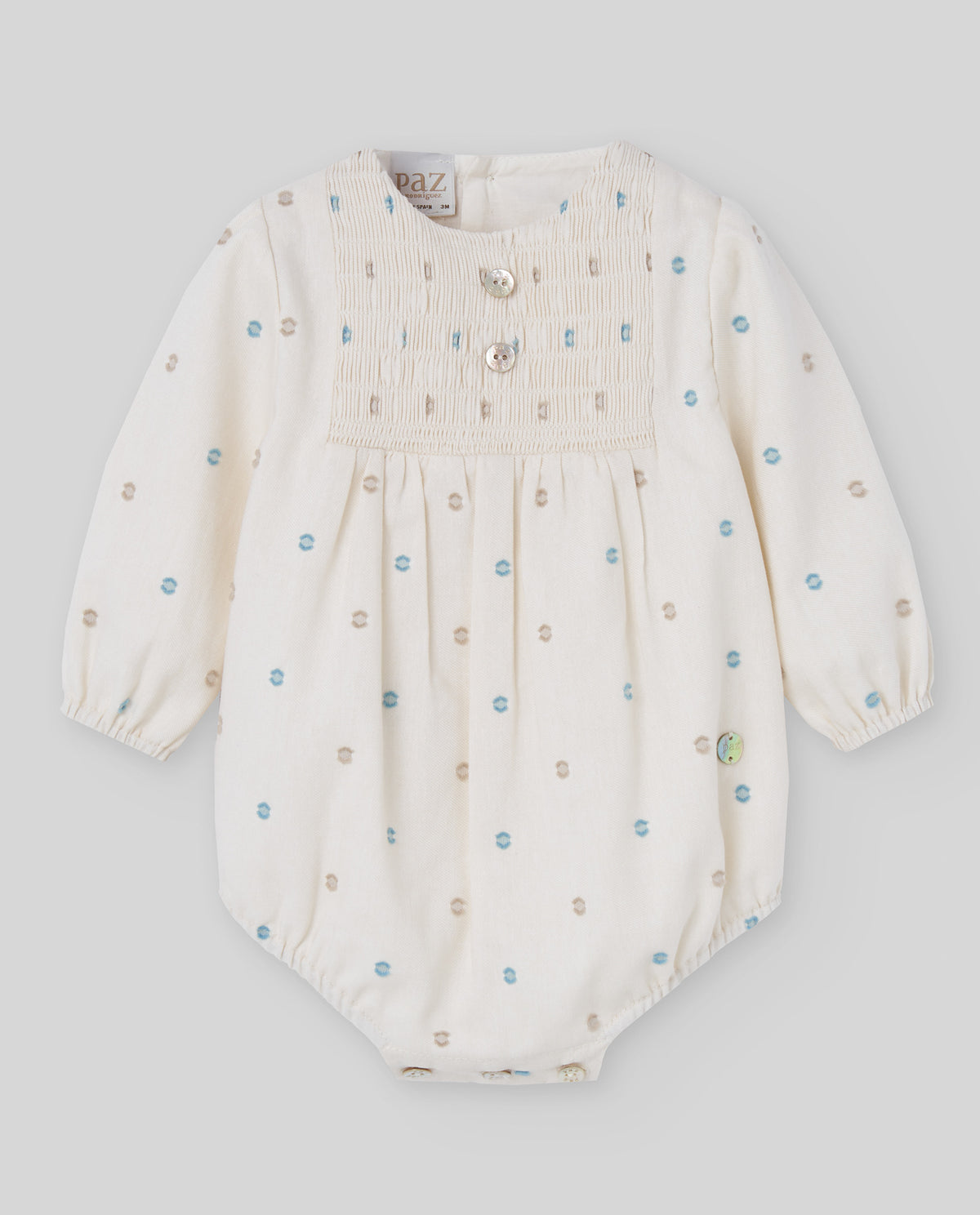 Ivory Romper with Beige & Blue Spots