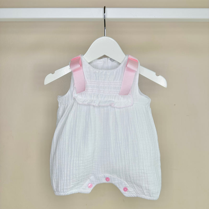White Cheesecloth Shortie Romper With Pink Bows