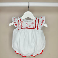 White Cheesecloth Romper With Red Detailing