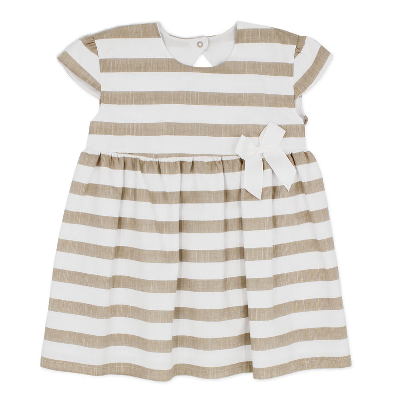 Beige Striped Dress With Bow Detail