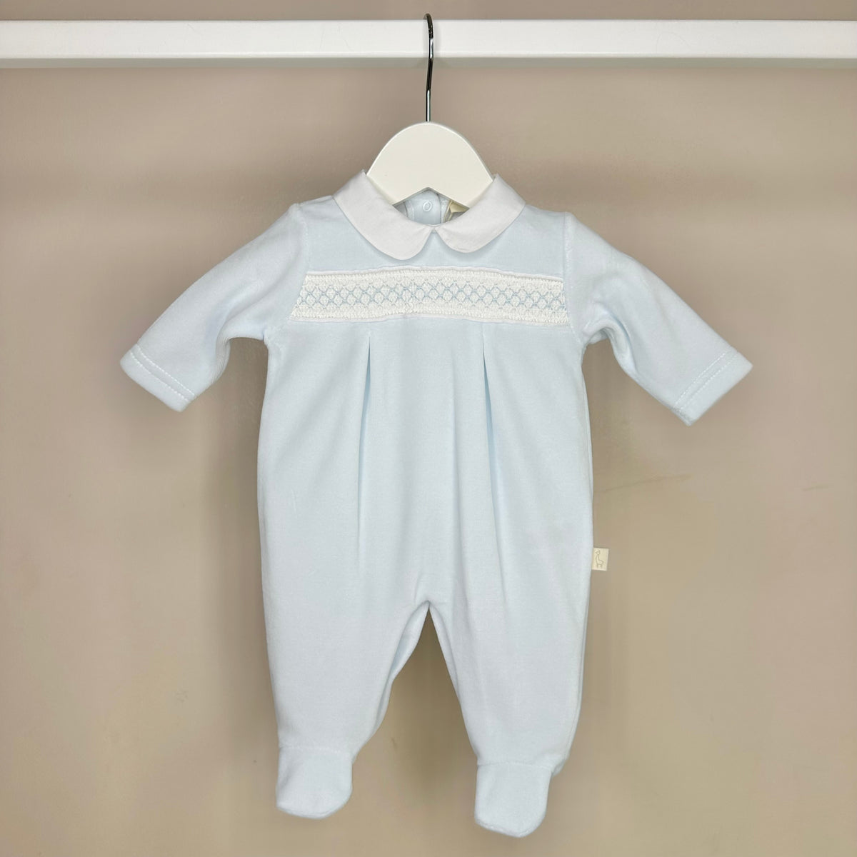 Blue Velour Smocked Babygrow