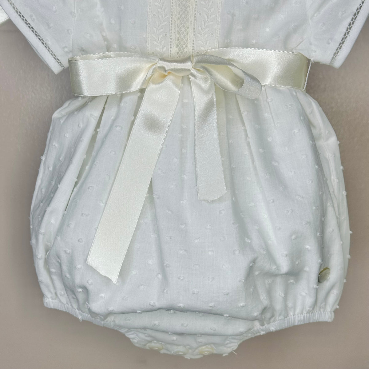 Ivory Plumeti Cotton Romper With Bow
