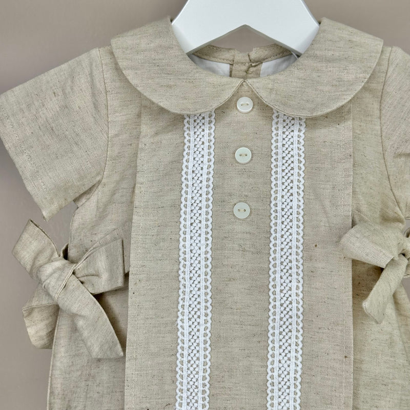 Beige Linen Romper With Bows