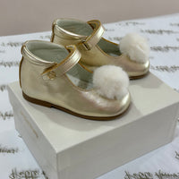 Gold Leather Shoes With Pom