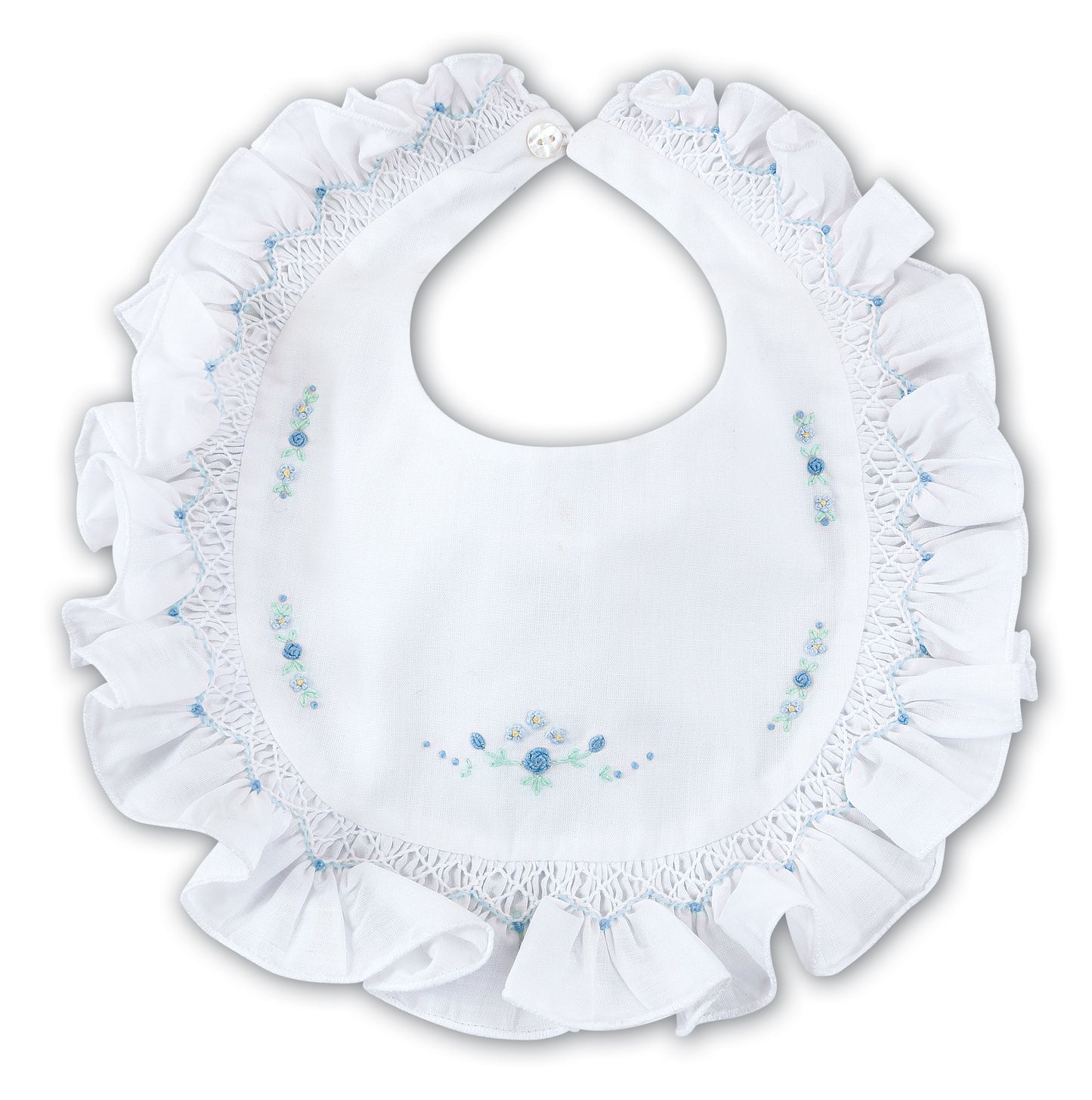 White & Blue Floral Frilly Bib