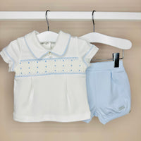 Blue & White Smocked Shorts Set