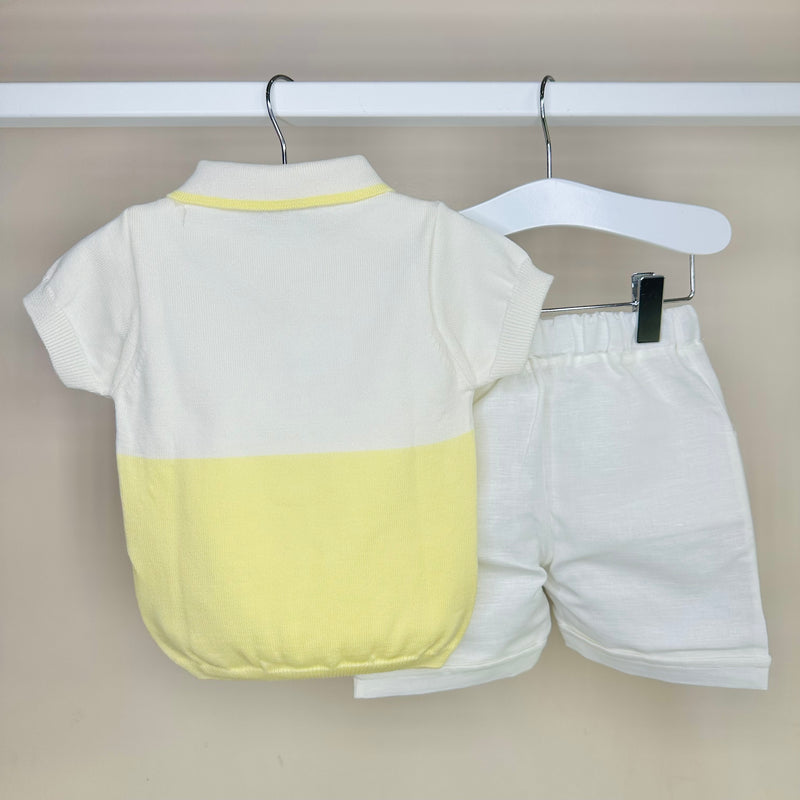 Lemon & Cream Knitted Polo & Linen Shorts Set