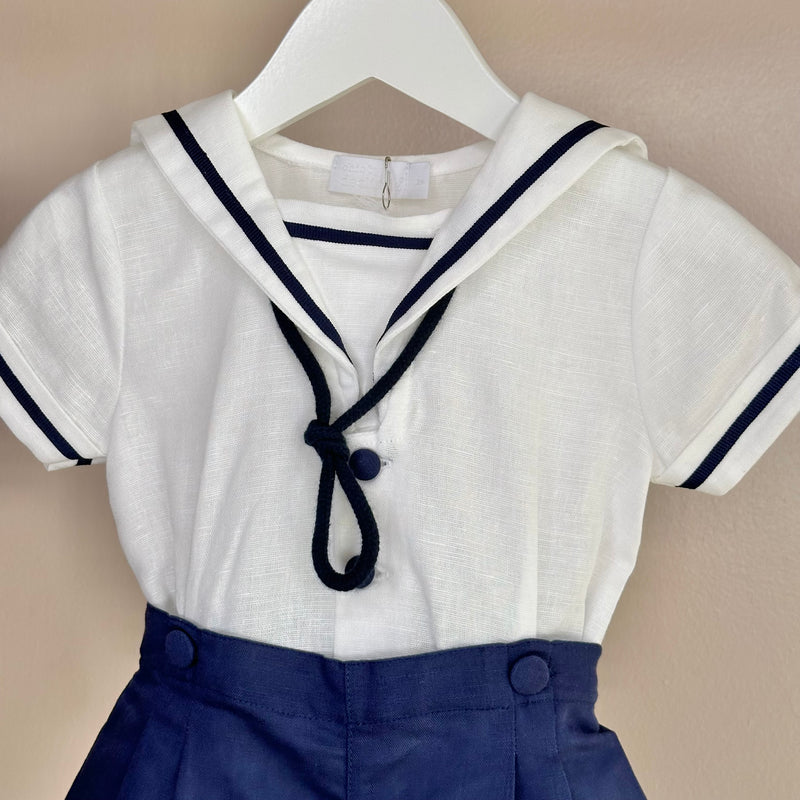 Navy Linen Boys Sailor Buster Suit