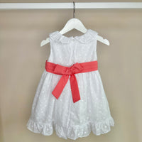 White Broderie Dress With Coral Sash