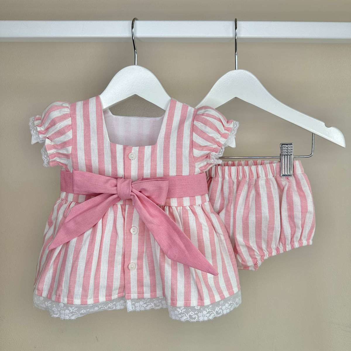 Pink Candy Stripe Dress & Bloomer Set