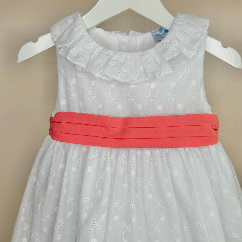 White Broderie Dress With Coral Sash