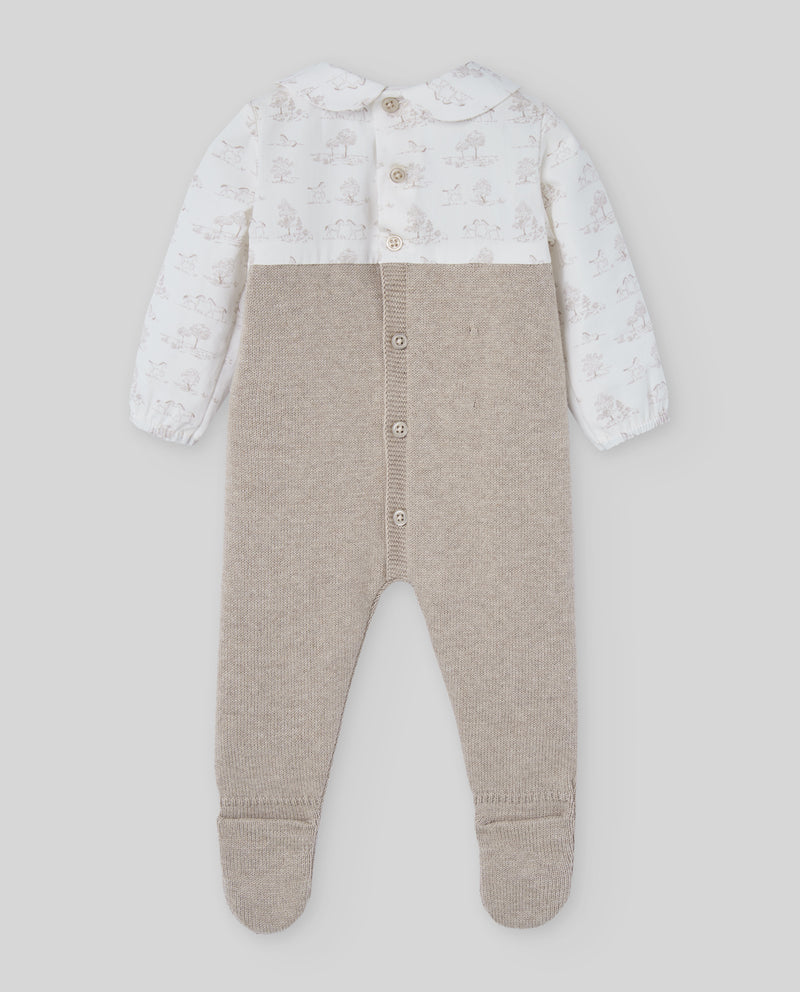 Beige Cotton & Cashmere Toile de Jouy Babygrow