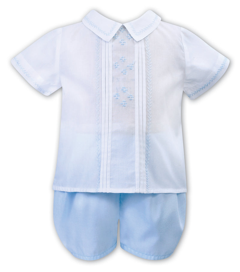 White & Blue Boys Embroidered Shorts Set
