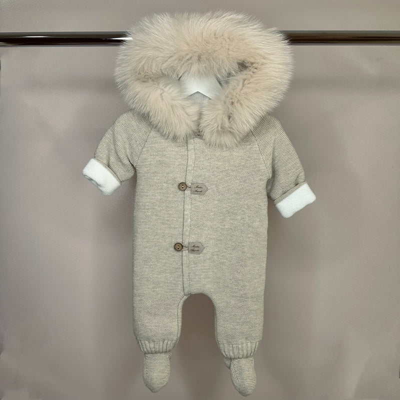 Beige Knitted Pramsuit With Trimmed Hood