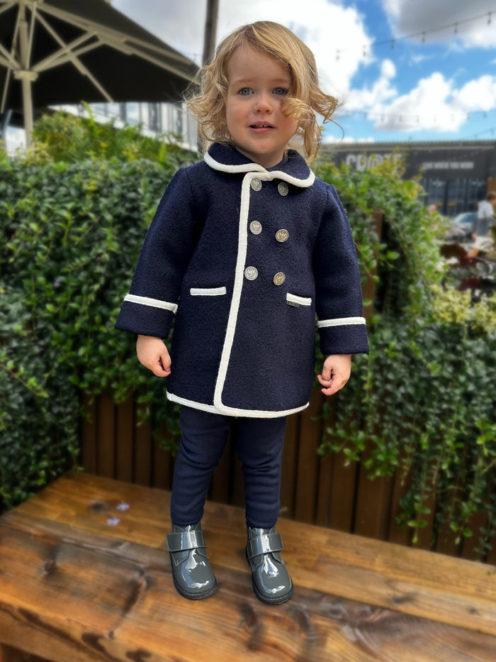 Boys Navy Marae Coat With Cream Trim