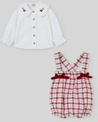 Ivory & Red Girls Check Romper & Shirt Set