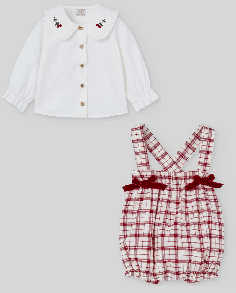 Ivory & Red Girls Check Romper & Shirt Set