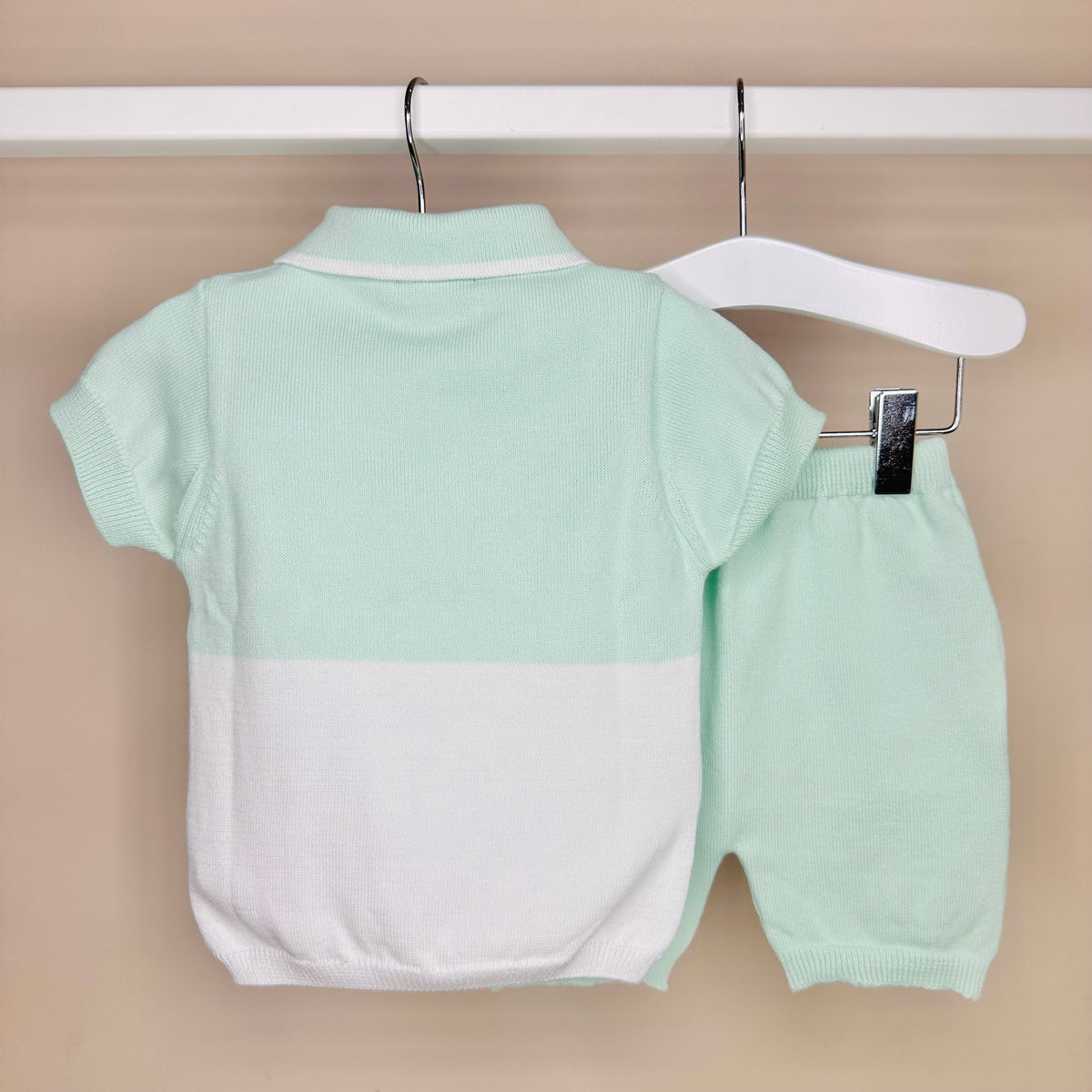 Mint & White Knitted Polo Shorts Set