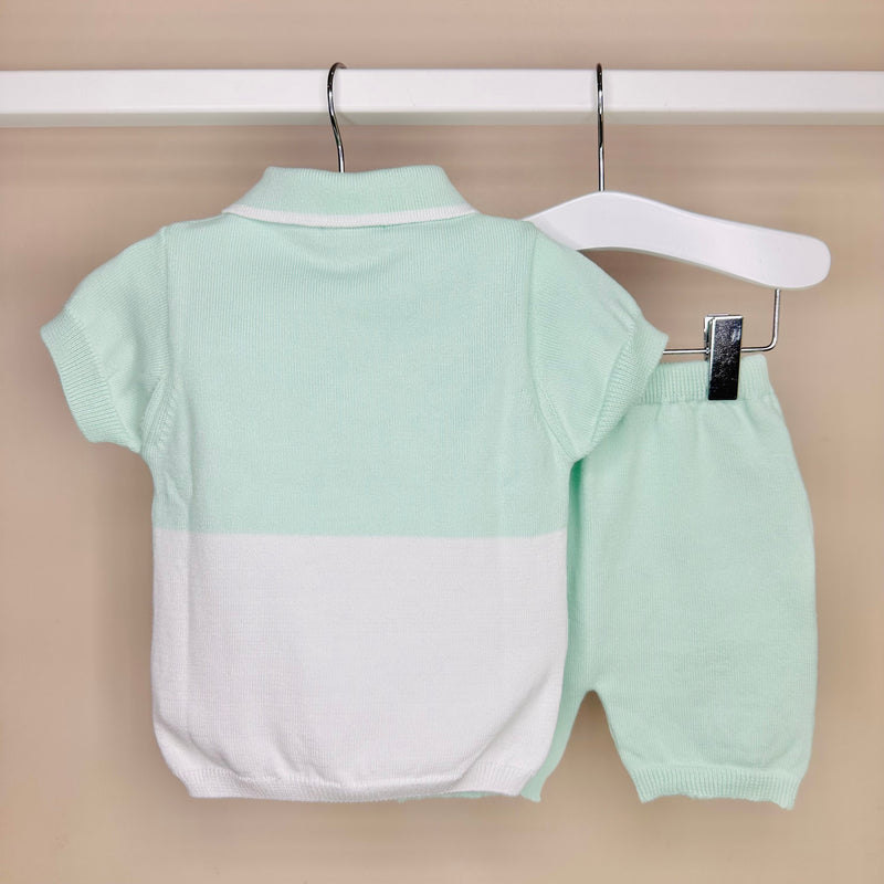 Mint & White Knitted Polo Shorts Set