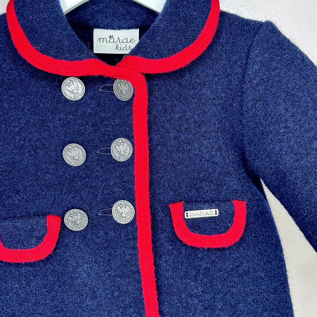 Girls Navy Marae Coat With Red Trim