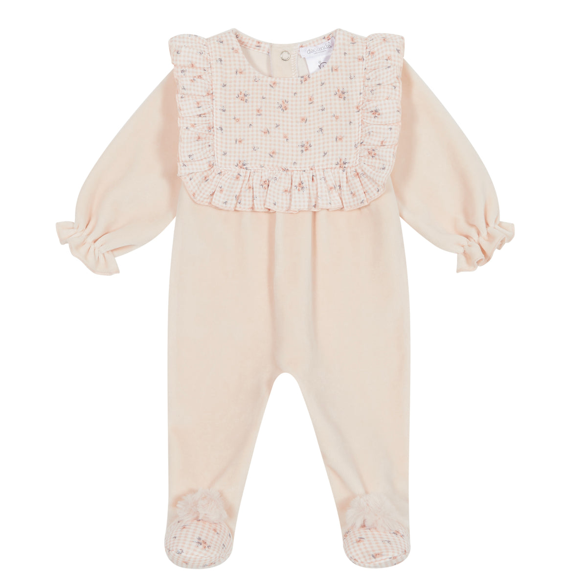 Peach Floral Velour Babygrow With Poms