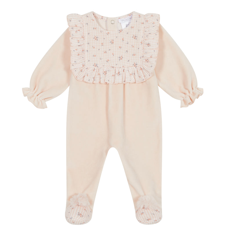 Peach Floral Velour Babygrow With Poms