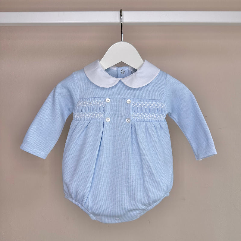 Blue Cotton Knit Smocked Romper