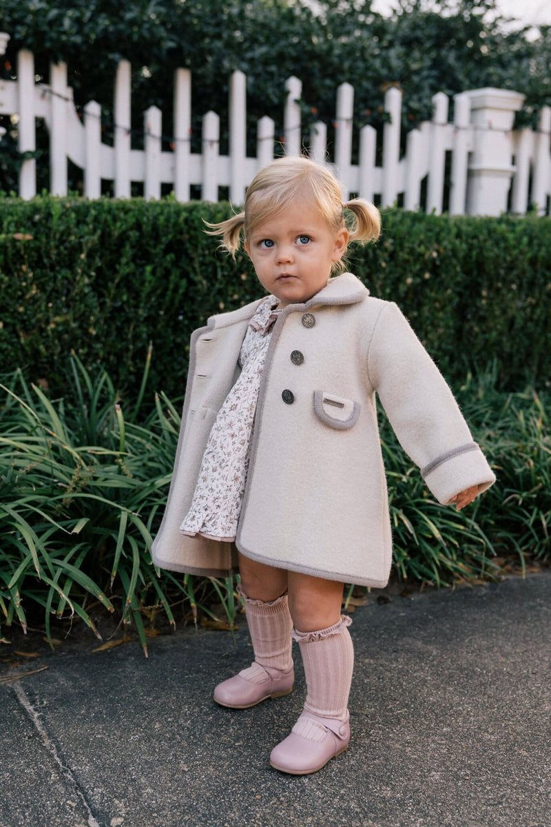 Girls Cream Marae Coat With Camel Trim