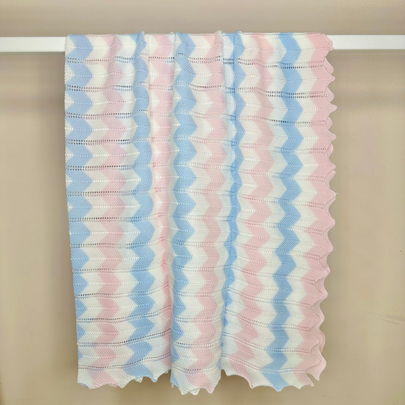 Pink, Blue & White Zig Zag Knit Blanket