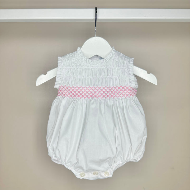 White Romper With Pink Smocking