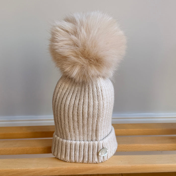 Beige Knitted Hat With Pom