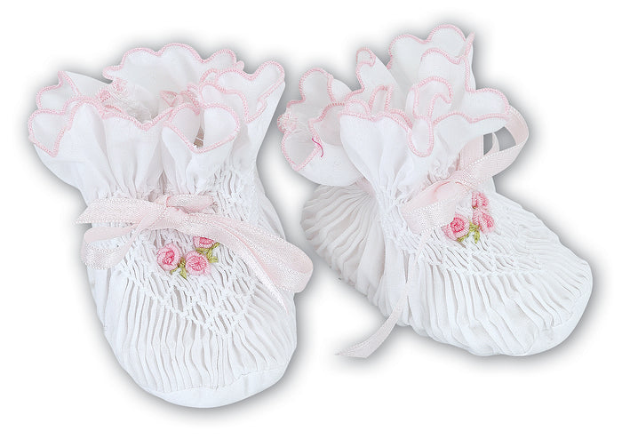 White & Pink Smocked Floral Booties