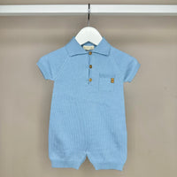 Blue Knitted Classic Polo Romper