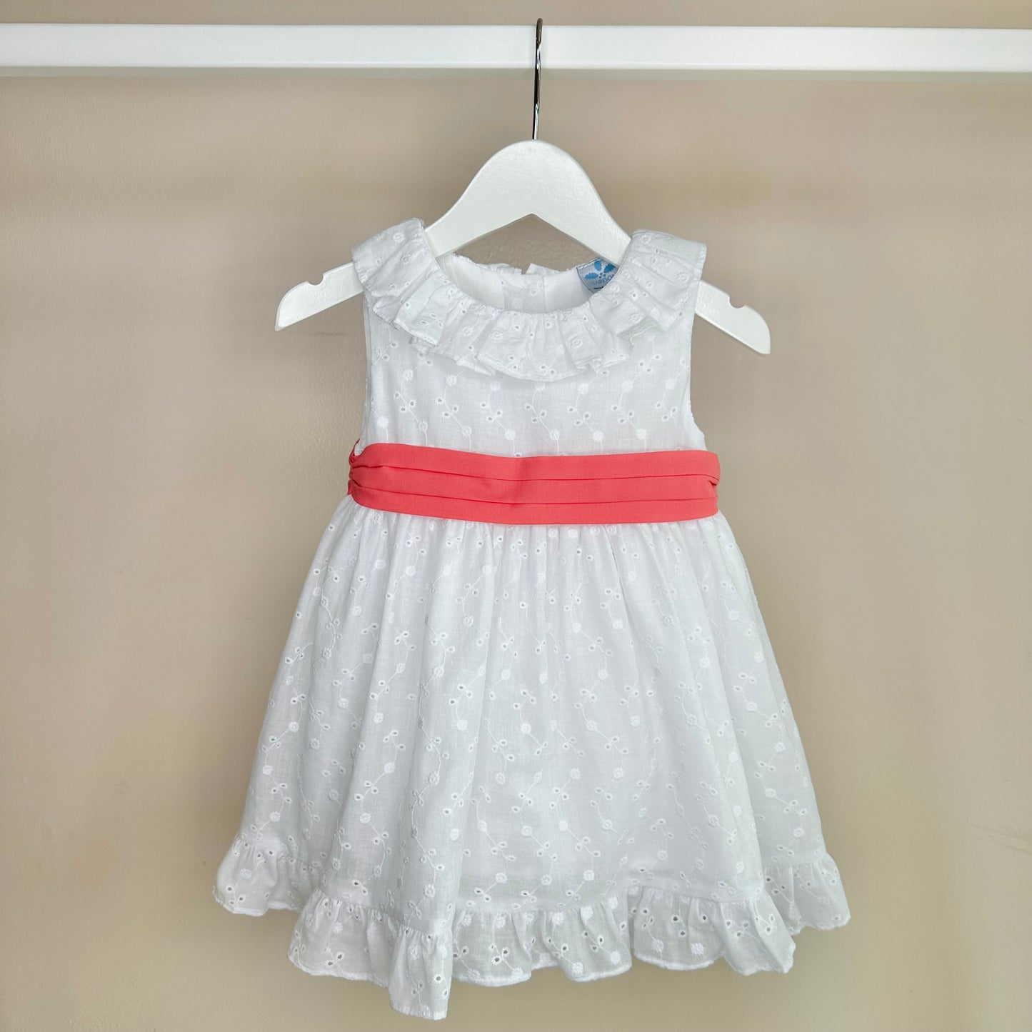 White Broderie Dress With Coral Sash