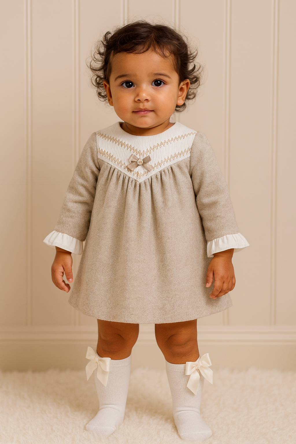 Beige Brushed Cotton Smocked Dress