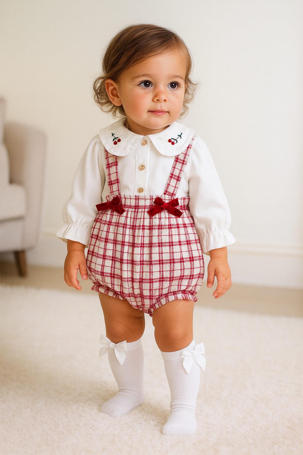 Ivory & Red Girls Check Romper & Shirt Set
