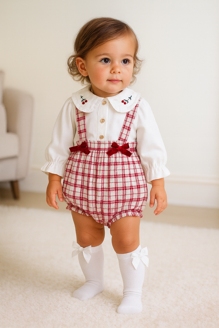 Ivory & Red Girls Check Romper & Shirt Set