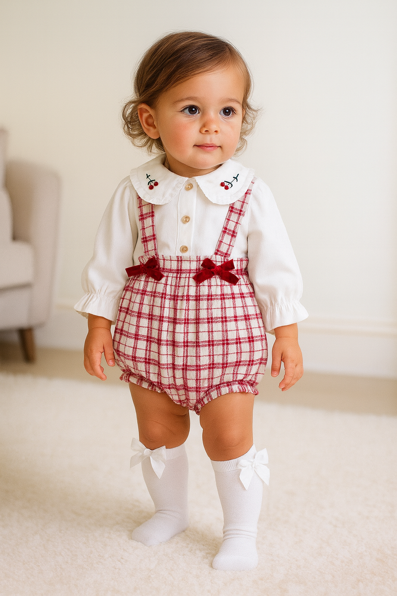 Ivory & Red Girls Check Romper & Shirt Set