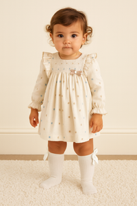 Ivory Dress with Blue & Beige Spots