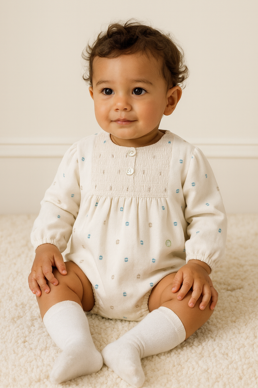 Ivory Romper with Beige & Blue Spots