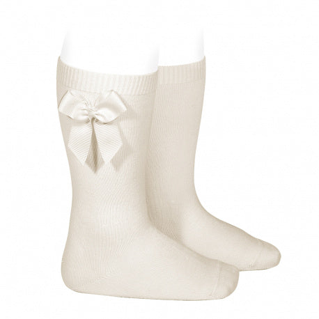 Beige Bow Knee High Socks